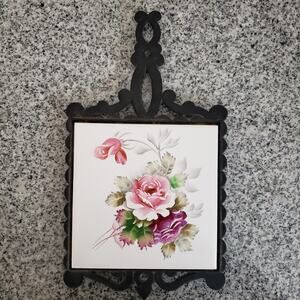 VTG Lobeco Japan Floral Cast Iron and Ceramic Tile Trivet Roses. Hand Painted.